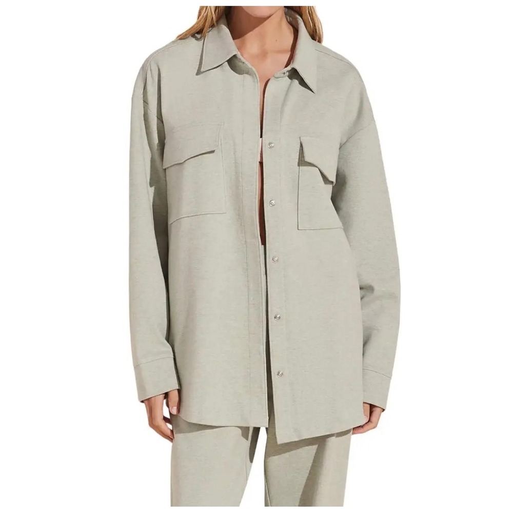 Eberjey Luxe Sweats Shacket Sage Green Cotton Blend Button Front Heavyweight S